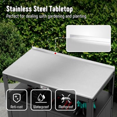 Image showing  Garden Potting Bench Black W/ Storage Cabinet Stainless Steel Tabletop Outdoor
