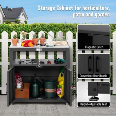 Image showing  Garden Potting Bench Black W/ Storage Cabinet Stainless Steel Tabletop Outdoor