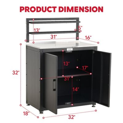 Image showing  Outdoor Garden Potting Bench Black Stainless Steel Tabletop with Storage Cabinet