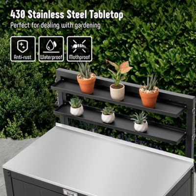 Image showing  Outdoor Garden Potting Bench Black Stainless Steel Tabletop with Storage Cabinet