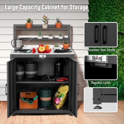 Image showing  Outdoor Garden Potting Bench Black Stainless Steel Tabletop with Storage Cabinet