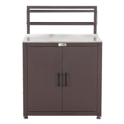 Feasto Outdoor Garden Potting Bench Brown Stainless Steel Tabletop with Storage Cabinet