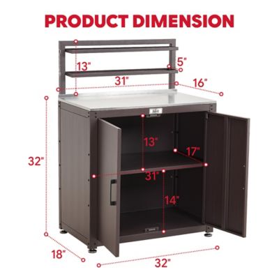 Image showing  Outdoor Garden Potting Bench Brown Stainless Steel Tabletop with Storage Cabinet