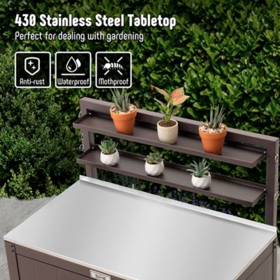 Image showing  Outdoor Garden Potting Bench Brown Stainless Steel Tabletop with Storage Cabinet