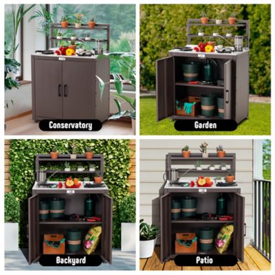Image showing 7 th Feasto Outdoor Garden Potting Bench Brown Stainless Steel Tabletop with Storage Cabinet