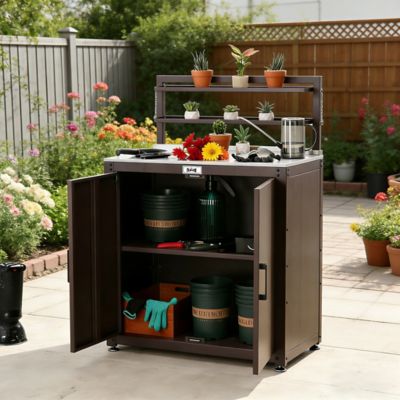 Image showing 8 th Feasto Outdoor Garden Potting Bench Brown Stainless Steel Tabletop with Storage Cabinet
