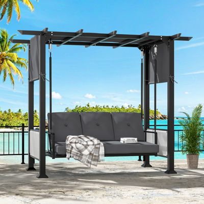 Image showing 5 th Veikous 3-Person Outdoor Patio Swing with Pergola Canopy and Cushions in Navy Blue
