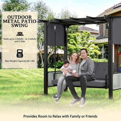 Image showing 6 th Veikous 3-Person Outdoor Patio Swing with Pergola Canopy and Cushions in Navy Blue