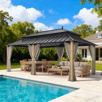 Sunjoy Kingston 20x12Steel & PC Roof /Hardtop Gazebo with Curtain and Netting