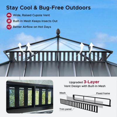 Image showing 6 th Sunjoy Kingston 12x12 Steel & PC Roof /Hardtop Gazebo with Curtain and Netting