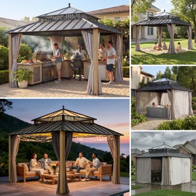 Image showing  Kingston 12 x 12ft. Steel & PC Roof/Hardtop Gazebo with Curtain and Netting
