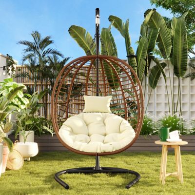 Image showing 6 th Modern Muse Single Person Folding Egg Chair with Stand, Brown/Beige