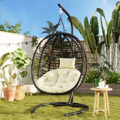 Modern Muse Single Person Folding Egg Chair with Stand, Black/Beige