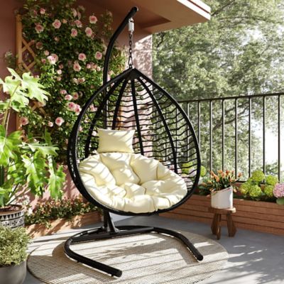 Modern Muse Indoor Outdoor Hanging Hammock Chair with Stand, Black/Beige
