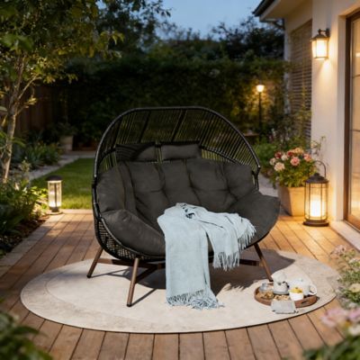 Image showing  Outdoor 2-Seat Wicker Egg Chair with Cushion, Stationary Patio Loveseat Accent Chair, Grey