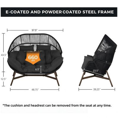 Image showing  Outdoor 2-Seat Wicker Egg Chair with Cushion, Stationary Patio Loveseat Accent Chair, Grey