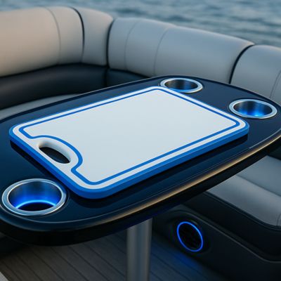 TRAPSKI Boat Cutting Board 18 x 12in. with Non-Skid Rubber Feet for Any Flat Surface, White/Blue/White