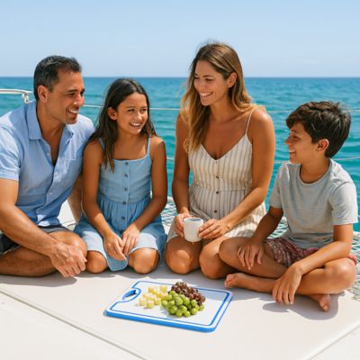 Image showing 1 th TRAPSKI Boat Cutting Board 18 x 12in. with Non-Skid Rubber Feet for Any Flat Surface, White/Blue/White