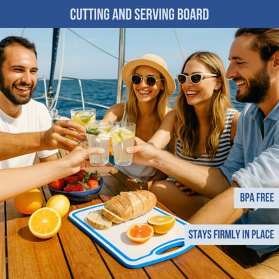Image showing 4 th TRAPSKI Boat Cutting Board 18 x 12in. with Non-Skid Rubber Feet for Any Flat Surface, White/Blue/White