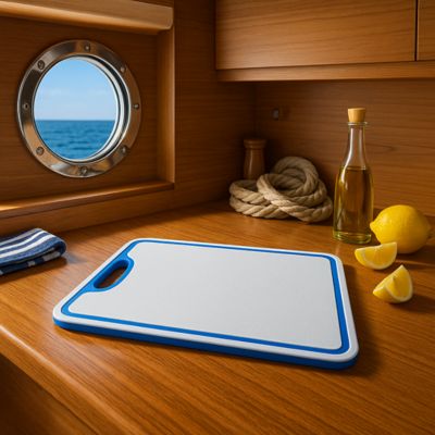 Image showing 5 th TRAPSKI Boat Cutting Board 18 x 12in. with Non-Skid Rubber Feet for Any Flat Surface, White/Blue/White