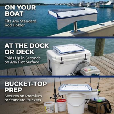 Image showing  Single Fillet Table with Rod Mount for 5 gal. Buckets, 18 x 12in., with Legs for Flat Surfaces, White/Blue/White