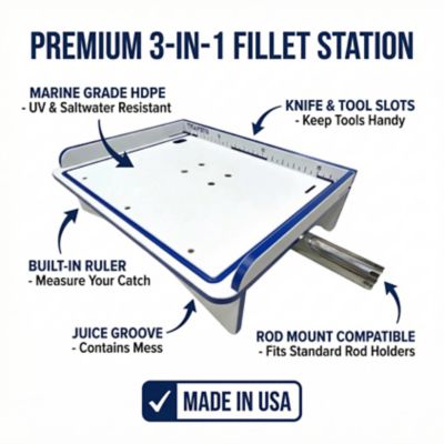 Image showing  Single Fillet Table with Rod Mount for 5 gal. Buckets, 18 x 12in., with Legs for Flat Surfaces, White/Blue/White