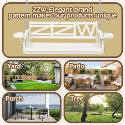 Image showing  Wooden Porch Swing Heavy Duty 800 lb. Outdoor Swing Bench with Hanging Chains & Cupholders 3-Person for Garden & Backyard