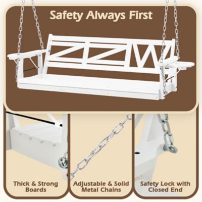 Image showing  Wooden Porch Swing Heavy Duty 800 lb. Outdoor Swing Bench with Hanging Chains & Cupholders 3-Person for Garden & Backyard