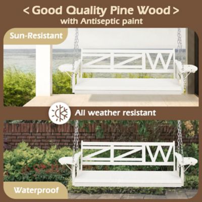 Image showing 5 th Upland Wooden Porch Swing Heavy Duty 800 lb. Outdoor Swing Bench with Hanging Chains & Cupholders 3-Person for Garden & Backyard