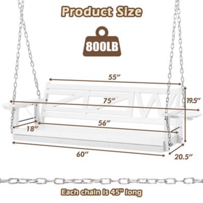 Image showing 6 th Upland Wooden Porch Swing Heavy Duty 800 lb. Outdoor Swing Bench with Hanging Chains & Cupholders 3-Person for Garden & Backyard