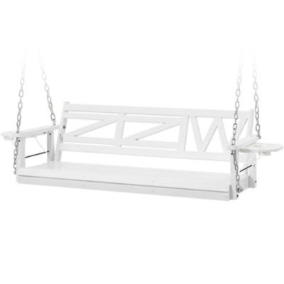 Image showing 7 th Upland Wooden Porch Swing Heavy Duty 800 lb. Outdoor Swing Bench with Hanging Chains & Cupholders 3-Person for Garden & Backyard