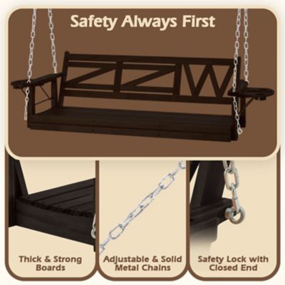 Image showing 3 th Upland Wooden Porch Swing Heavy Duty 800 lb. Outdoor Swing Bench with Hanging Chains & Cupholders 3-Person for Garden & Backyard