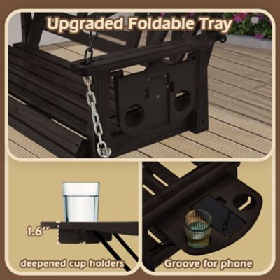 Image showing 4 th Upland Wooden Porch Swing Heavy Duty 800 lb. Outdoor Swing Bench with Hanging Chains & Cupholders 3-Person for Garden & Backyard