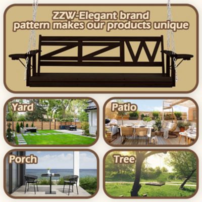 Image showing 5 th Upland Wooden Porch Swing Heavy Duty 800 lb. Outdoor Swing Bench with Hanging Chains & Cupholders 3-Person for Garden & Backyard