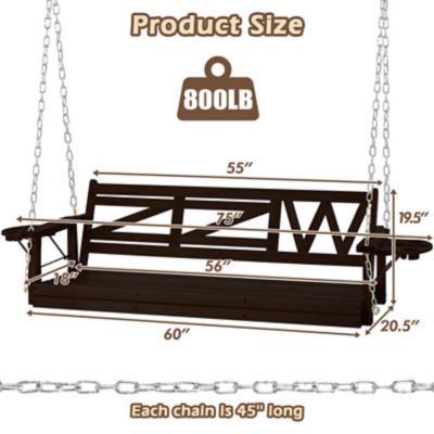 Image showing 6 th Upland Wooden Porch Swing Heavy Duty 800 lb. Outdoor Swing Bench with Hanging Chains & Cupholders 3-Person for Garden & Backyard