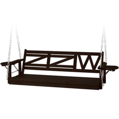 Image showing 7 th Upland Wooden Porch Swing Heavy Duty 800 lb. Outdoor Swing Bench with Hanging Chains & Cupholders 3-Person for Garden & Backyard