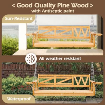 Image showing 1 th Upland Wooden Porch Swing Heavy Duty 800 lb. Outdoor Swing Bench with Hanging Chains & Cupholders 3-Person for Garden & Backyard