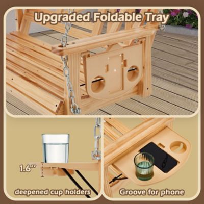 Image showing 3 th Upland Wooden Porch Swing Heavy Duty 800 lb. Outdoor Swing Bench with Hanging Chains & Cupholders 3-Person for Garden & Backyard