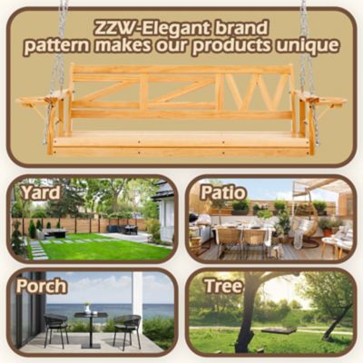 Image showing 4 th Upland Wooden Porch Swing Heavy Duty 800 lb. Outdoor Swing Bench with Hanging Chains & Cupholders 3-Person for Garden & Backyard