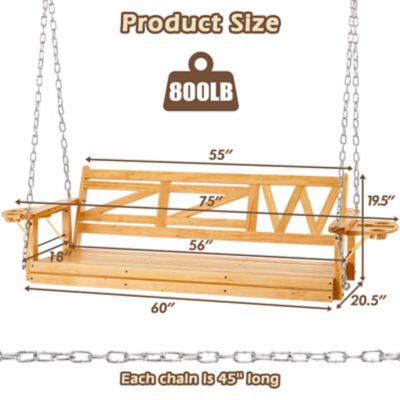 Image showing 5 th Upland Wooden Porch Swing Heavy Duty 800 lb. Outdoor Swing Bench with Hanging Chains & Cupholders 3-Person for Garden & Backyard