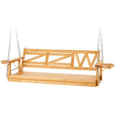 Image showing 6 th Upland Wooden Porch Swing Heavy Duty 800 lb. Outdoor Swing Bench with Hanging Chains & Cupholders 3-Person for Garden & Backyard