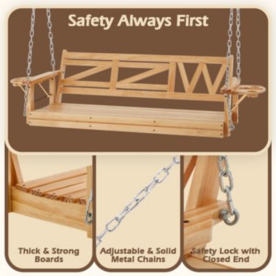 Image showing 7 th Upland Wooden Porch Swing Heavy Duty 800 lb. Outdoor Swing Bench with Hanging Chains & Cupholders 3-Person for Garden & Backyard