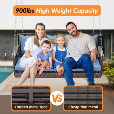 Image showing  Upgraded Wicker Hanging Porch Swing Heavy Duty 900 lb. 3-Seat Outdoor Chair with 8.9ft Chains Cushions & Cup Holder