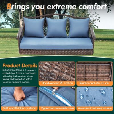 Image showing  Upgraded Wicker Hanging Porch Swing Heavy Duty 900 lb. 3-Seat Outdoor Chair with 8.9ft Chains Cushions & Cup Holder