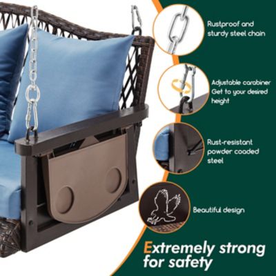 Image showing  Upgraded Wicker Hanging Porch Swing Heavy Duty 900 lb. 3-Seat Outdoor Chair with 8.9ft Chains Cushions & Cup Holder