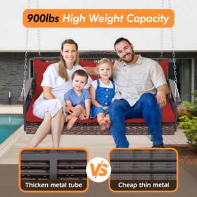 Image showing  Upgraded Wicker Hanging Porch Swing Heavy Duty 900 lb. 3-Seat Outdoor Chair with 8.9ft Chains Cushions & Cup Holder