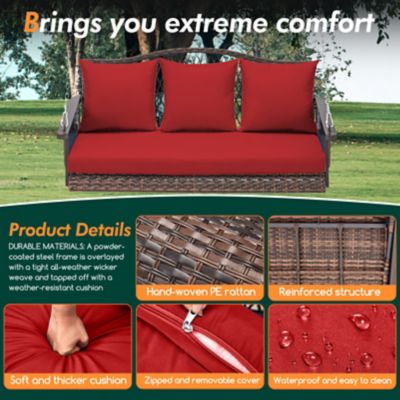 Image showing  Upgraded Wicker Hanging Porch Swing Heavy Duty 900 lb. 3-Seat Outdoor Chair with 8.9ft Chains Cushions & Cup Holder