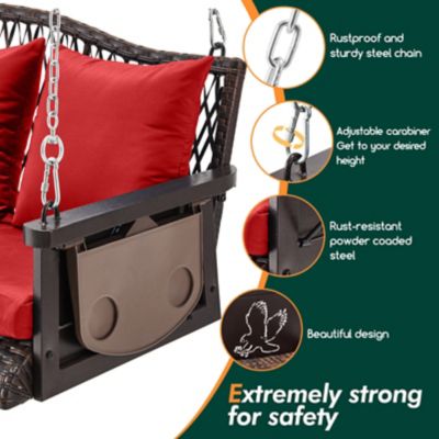 Image showing  Upgraded Wicker Hanging Porch Swing Heavy Duty 900 lb. 3-Seat Outdoor Chair with 8.9ft Chains Cushions & Cup Holder