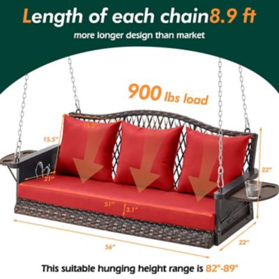 Image showing 5 th Upland Upgraded Wicker Hanging Porch Swing Heavy Duty 900 lb. 3-Seat Outdoor Chair with 8.9ft Chains Cushions & Cup Holder