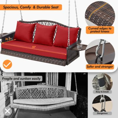 Image showing 6 th Upland Upgraded Wicker Hanging Porch Swing Heavy Duty 900 lb. 3-Seat Outdoor Chair with 8.9ft Chains Cushions & Cup Holder